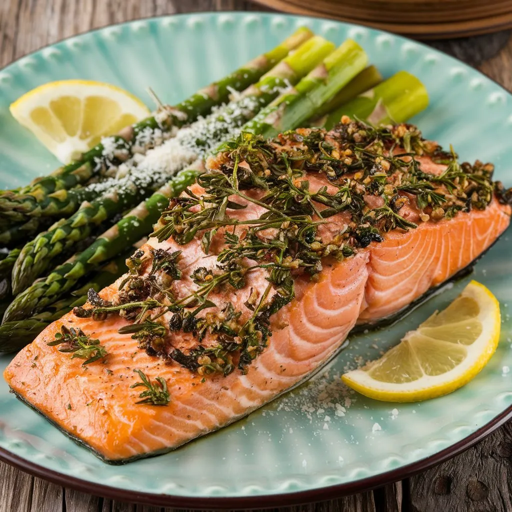 Herb-crusted salmon with Asparagus