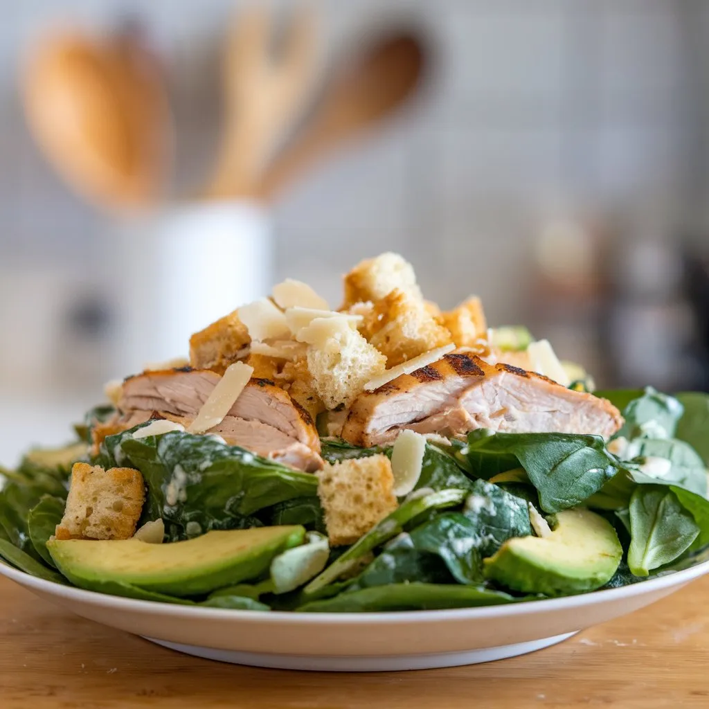 Spinach and Chicken Caesar Salad with Avocado